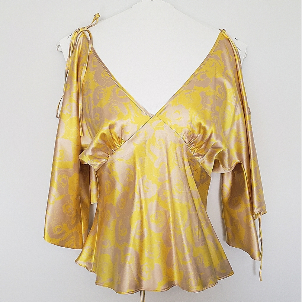 Miguelina Silk Flutter Tie Sleeve Blouse Y2K with Rose Pattern Size XS